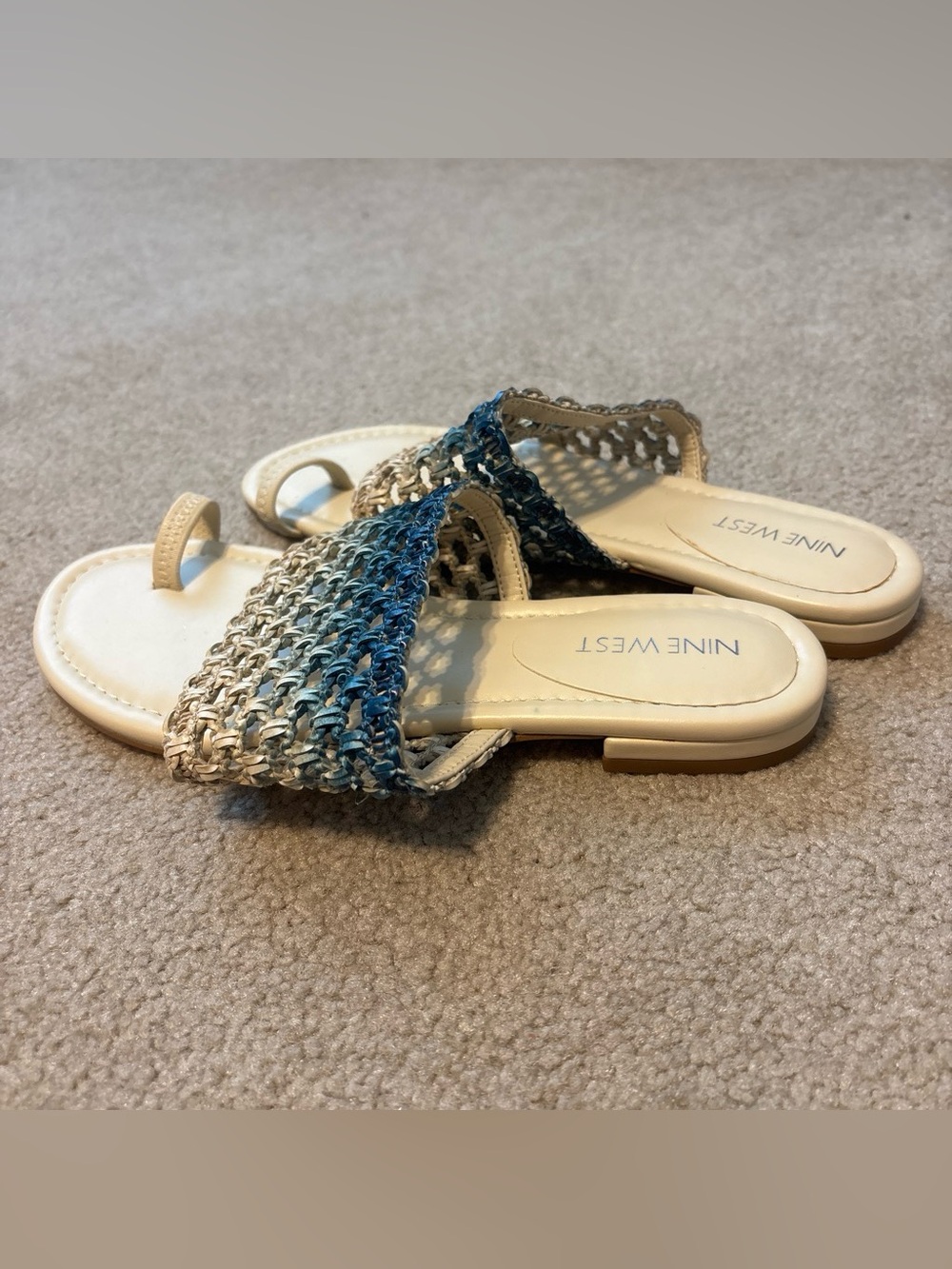 Nine West Blue and Cream Crochet Slide Sandals